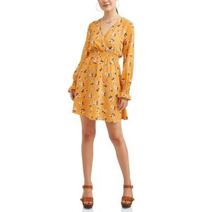 Almost Famous Yellow Floral Cinched Waist Dress – Size Medium (Juniors)